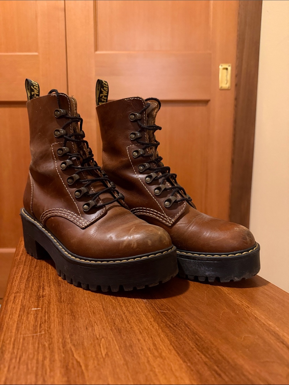 Dr Martens Women's Brown Leather Platform Lace-Up Boots